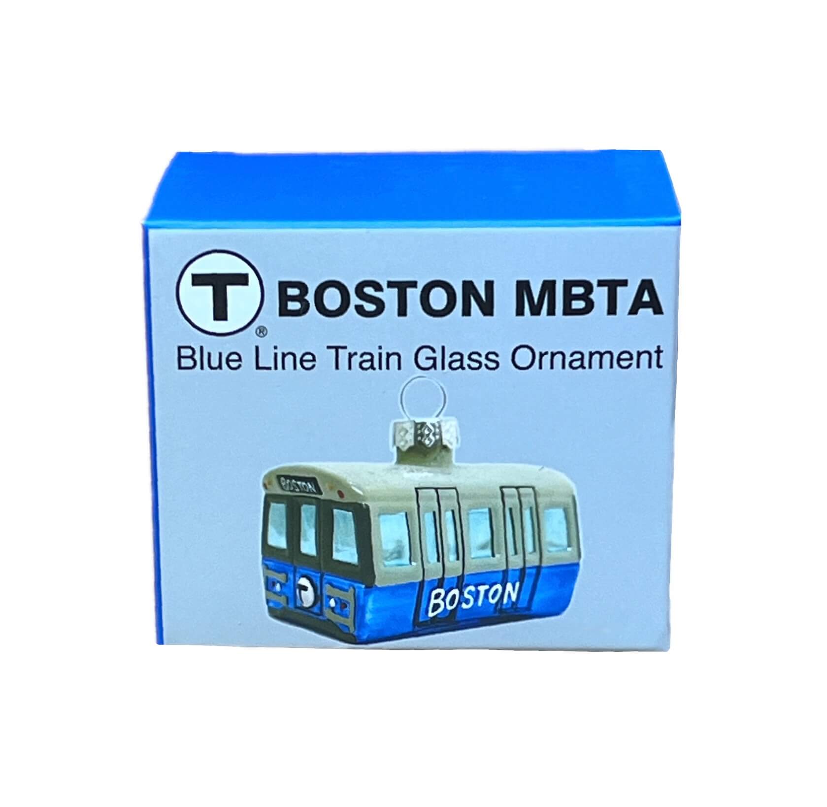 Boston MBTA Blue Line Train Glass Ornament packaging on a white background